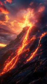 Volcanic lava flows cascade down steep rocky mountainside at dusk