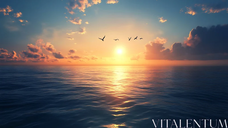 Photorealistic seascape sunrise with aerial bird silhouette band.
