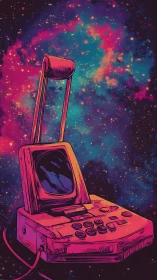 Retro space console humming softly in neon starlight.