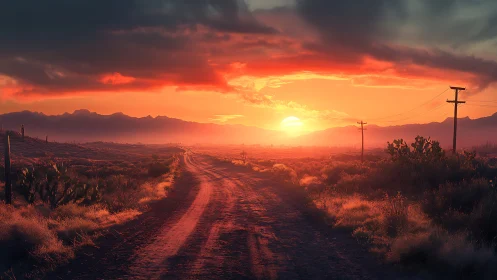 Desert dirt road under volumetric sunset illumination field.