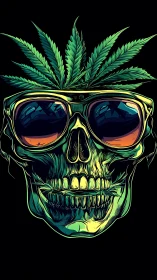 Glowing skull with cannabis leaves and mirrored sunglasses