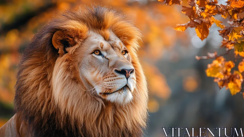 Regal autumn lion gazing softly through warm golden light.
