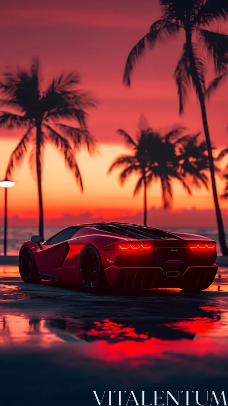 Red supercar under neon sunset beside tropical shoreline.