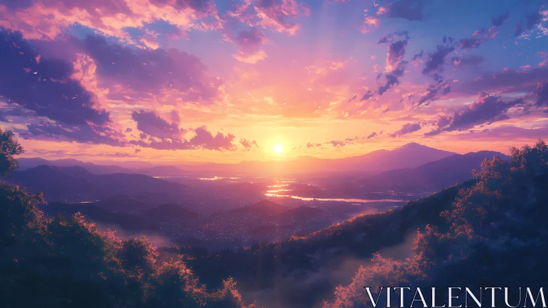 Digital sunset over distant city and layered mountains.