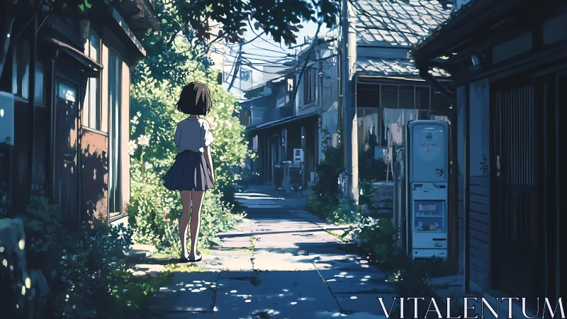 Schoolgirl in shaded residential alley with summer light.