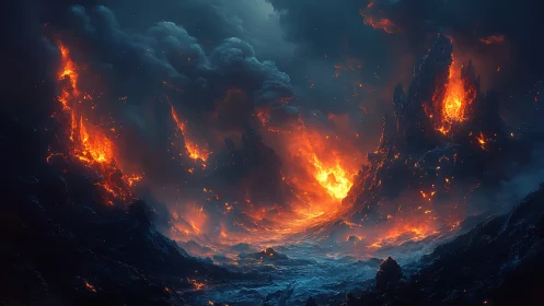Cataclysmic Fire Valley: Digital Realm Eruption.