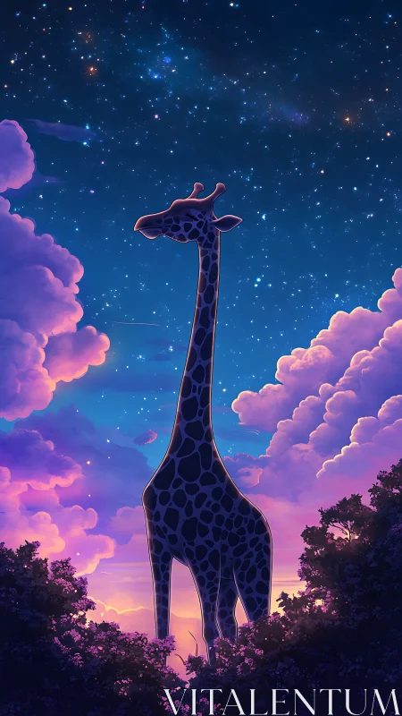 Celestial giraffe silhouette merges with saturated twilight sky