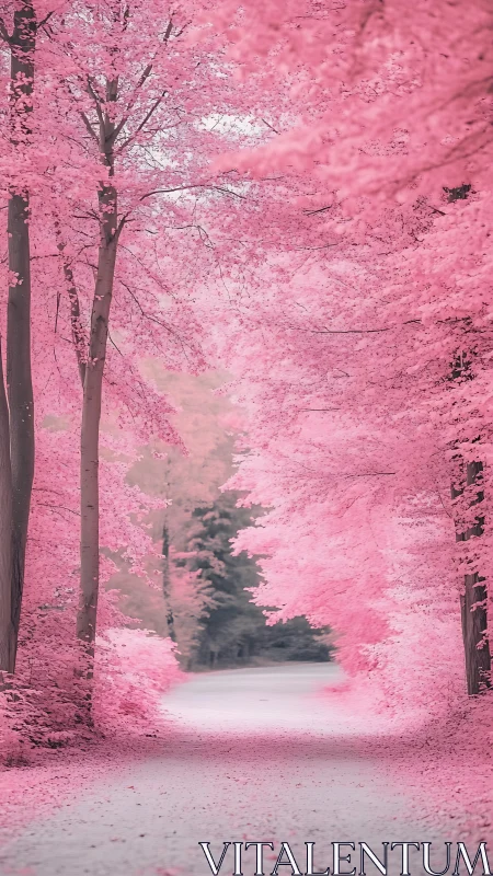 Photorealistic pink forest avenue with soft vanishing perspective.