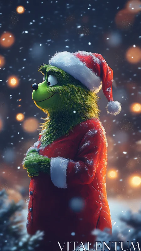 Gentle green creature enjoys a quiet snowy Christmas evening