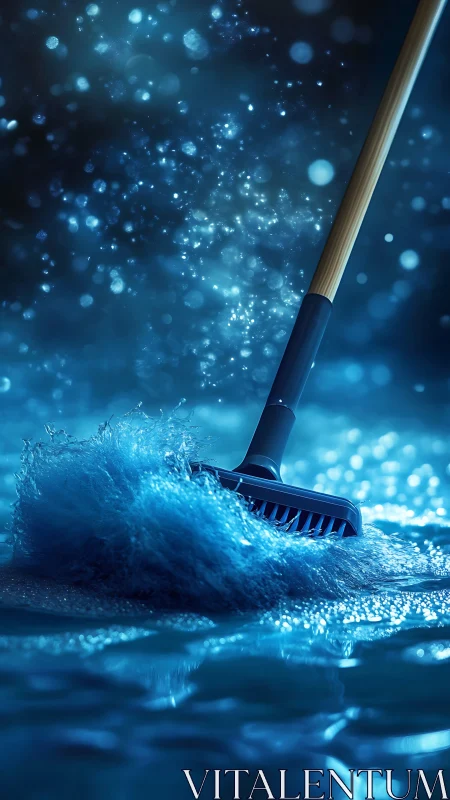 Wet floor brush splashing water under blue studio light.