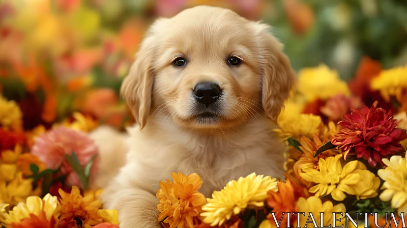 Golden puppy daydream among blooming autumn flowerscape.