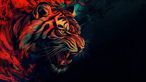 Roaring neon tiger emerges from flames into deep shadow