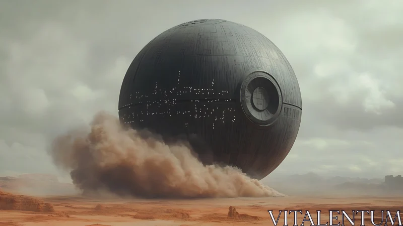 Spherical desert starship hovering low above dust storm plain