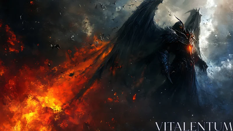 Winged dark guardian rising through fire and stormy skies.