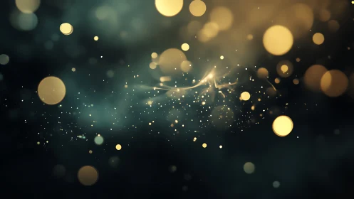 Golden light orbs drift through dark teal atmospheric haze