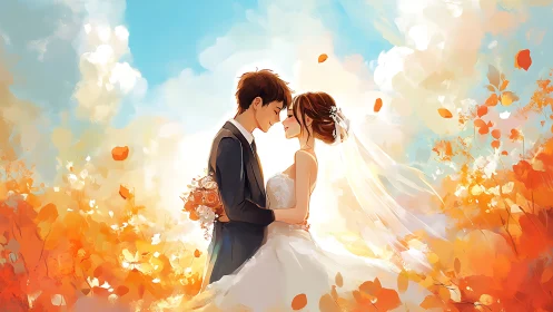 Gentle autumn wedding moment glows with soft romantic light