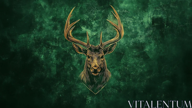 Golden stag illustration on deep textured green field.