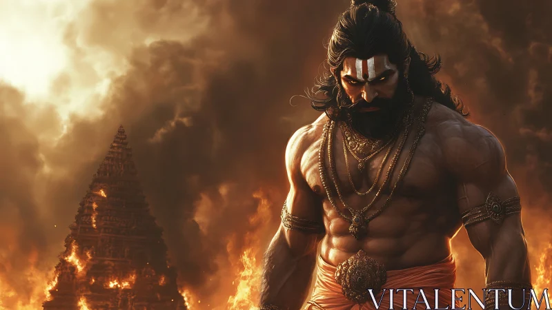 Mythic warrior before burning temple structure in flames.