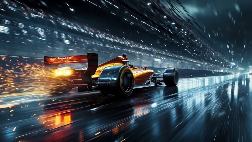 Orange formula race car accelerates on wet night track