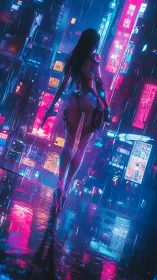 Cybernetic woman in neon city street under heavy rainfall.