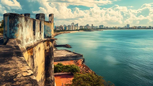 Weathered coastal fort overlooks sunlit modern skyline.