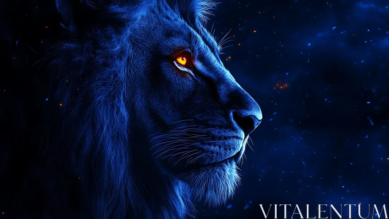 Bioluminescent blue lion profile with glowing amber eye in void