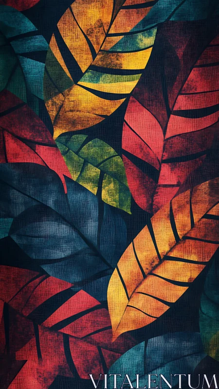 Multicolor textured tropical foliage with grunge overlay pattern