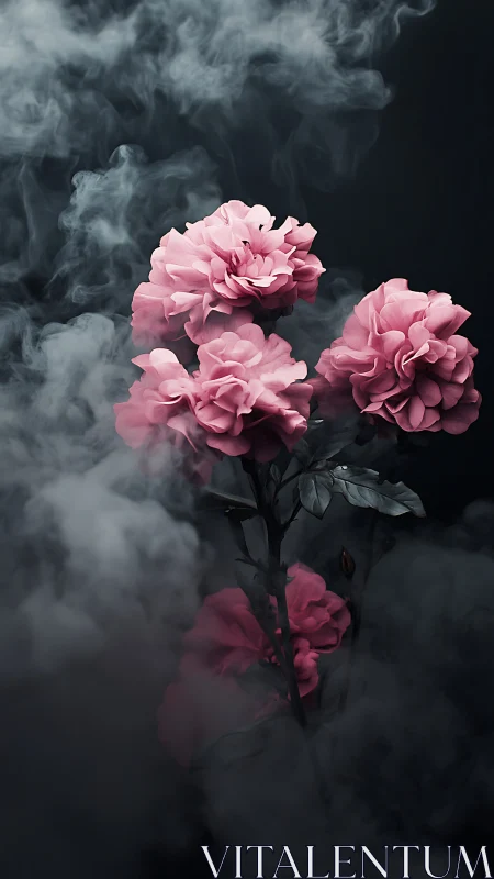 Pink peonies bloom defiantly through swirling smoke and shadow