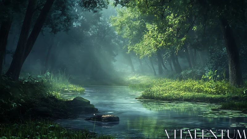 Misty Forest Stream: Nature's Quiet Sanctuary.