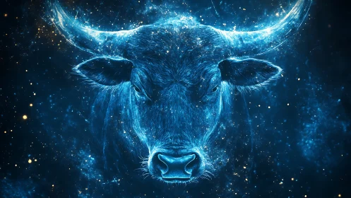 Celestial Bull Portrait in Neon-Lit Cosmic Symmetry.