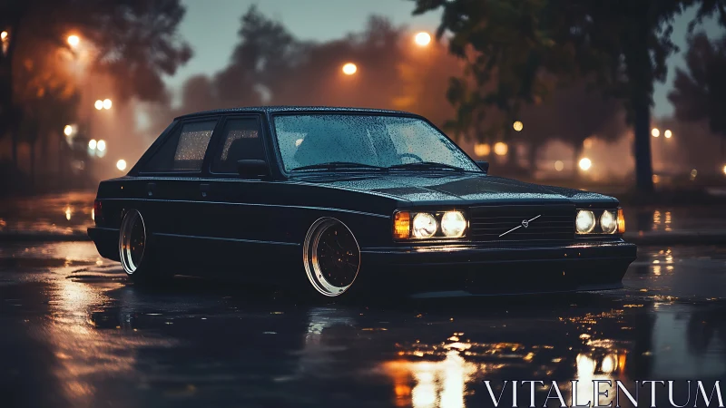 Classic Volvo sedan glowing in a rainy night city street.