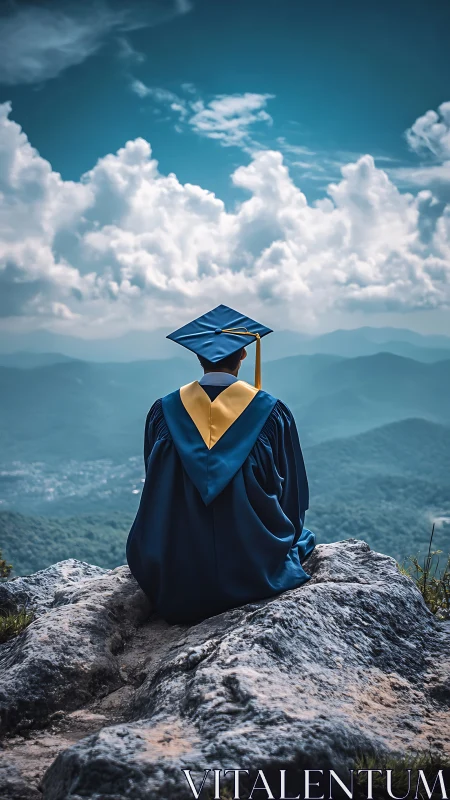 Graduate in blue gown gazes toward vast mountain horizon.