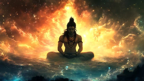 Cosmic yogi meditates in radiant celestial waters.