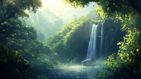 Luminescent Cascade Through Verdant Canyon with Mountain Vistas.