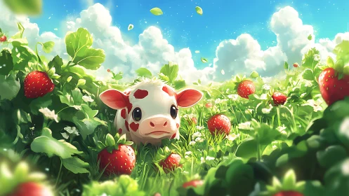 Calf with heart markings in dense strawberry field under sky.