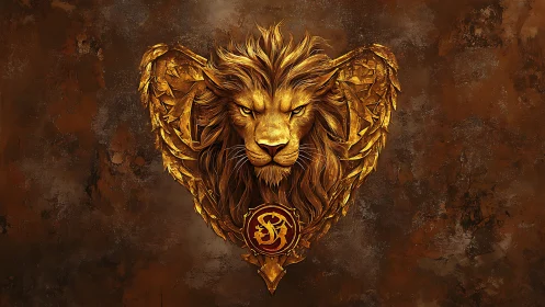 Golden lion crest rendered as sculpted metallic emblem on rust