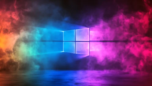 Neon window logo glowing through vivid gradient fog.