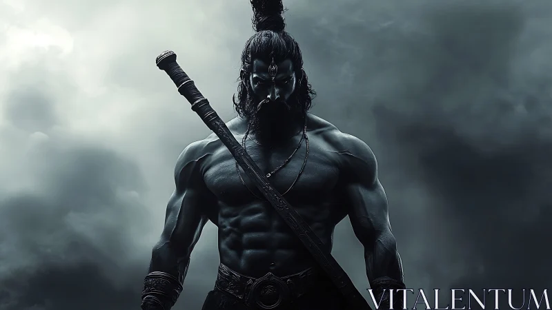 Mythic warrior figure with sword in stormy atmosphere.