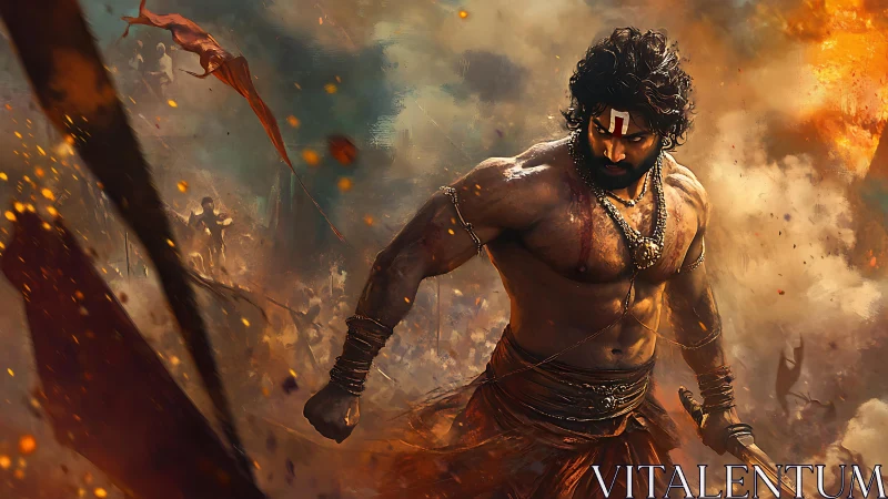 Warrior in swirling firelight claiming his mythic moment.