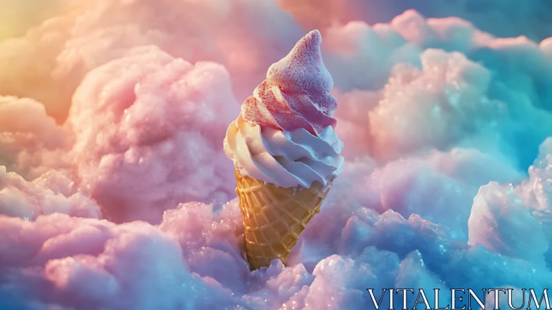 Soft serve ice cream cone in dreamy pastel clouds scene.