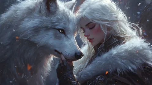Wolf and silver-haired warrior share a quiet winter bond.