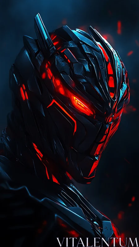 Cybernetic war machine glows with molten red circuitry.