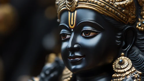 Photorealistic close-up of ornate black stone deity sculpture.