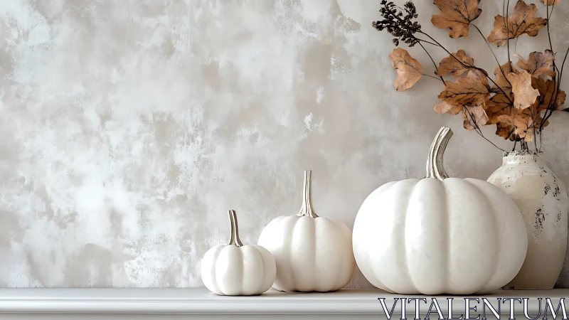 Minimalist white pumpkins with autumn foliage decor still life.
