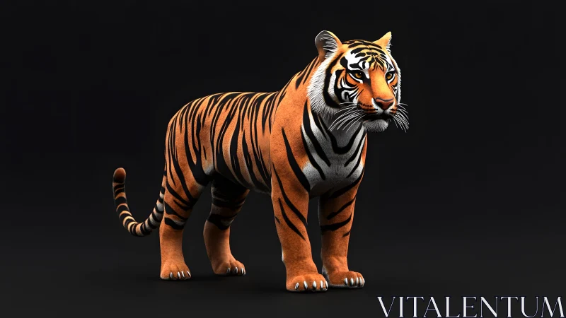Realistic 3D Render of a Standing Tiger on a Black Background.