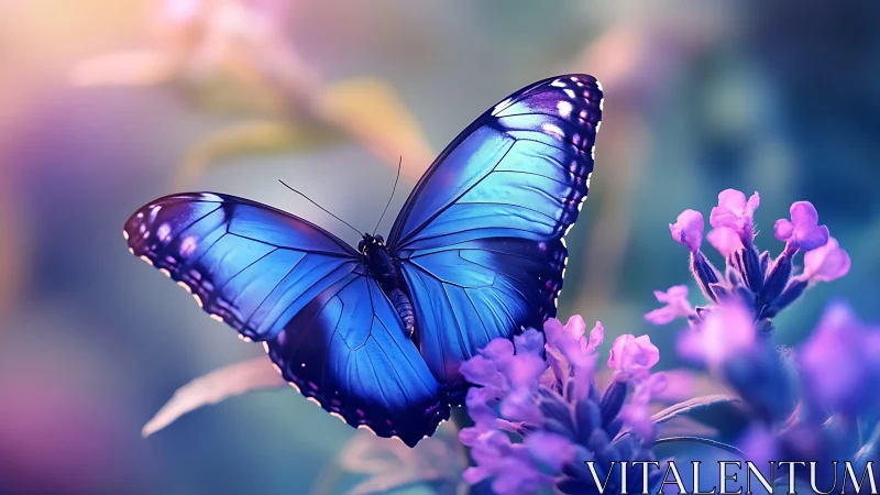 Macro closeup of iridescent blue butterfly on violet blossoms