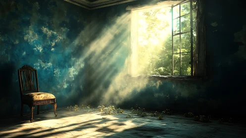 Sunlit dust pirouettes through an abandoned teal chamber