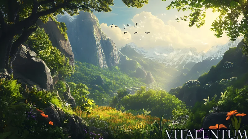 Sunlit mountain valley opens into a lush, welcoming garden