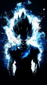 Blue energy anime warrior with intense glowing aura.