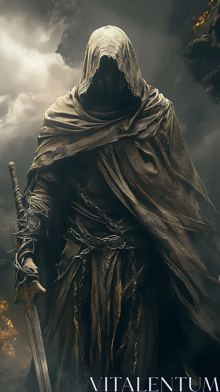 Dark fantasy wraith warrior in tattered cloaked silhouette.